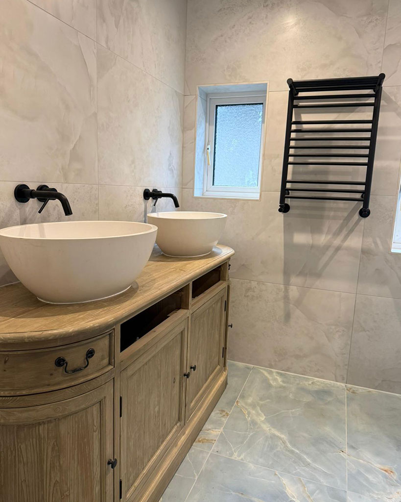Twin vessel basins on a timber vanity
