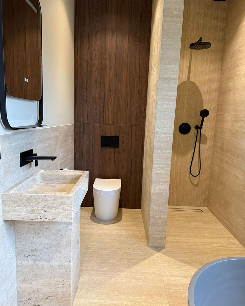 Stone basin and walk-in shower