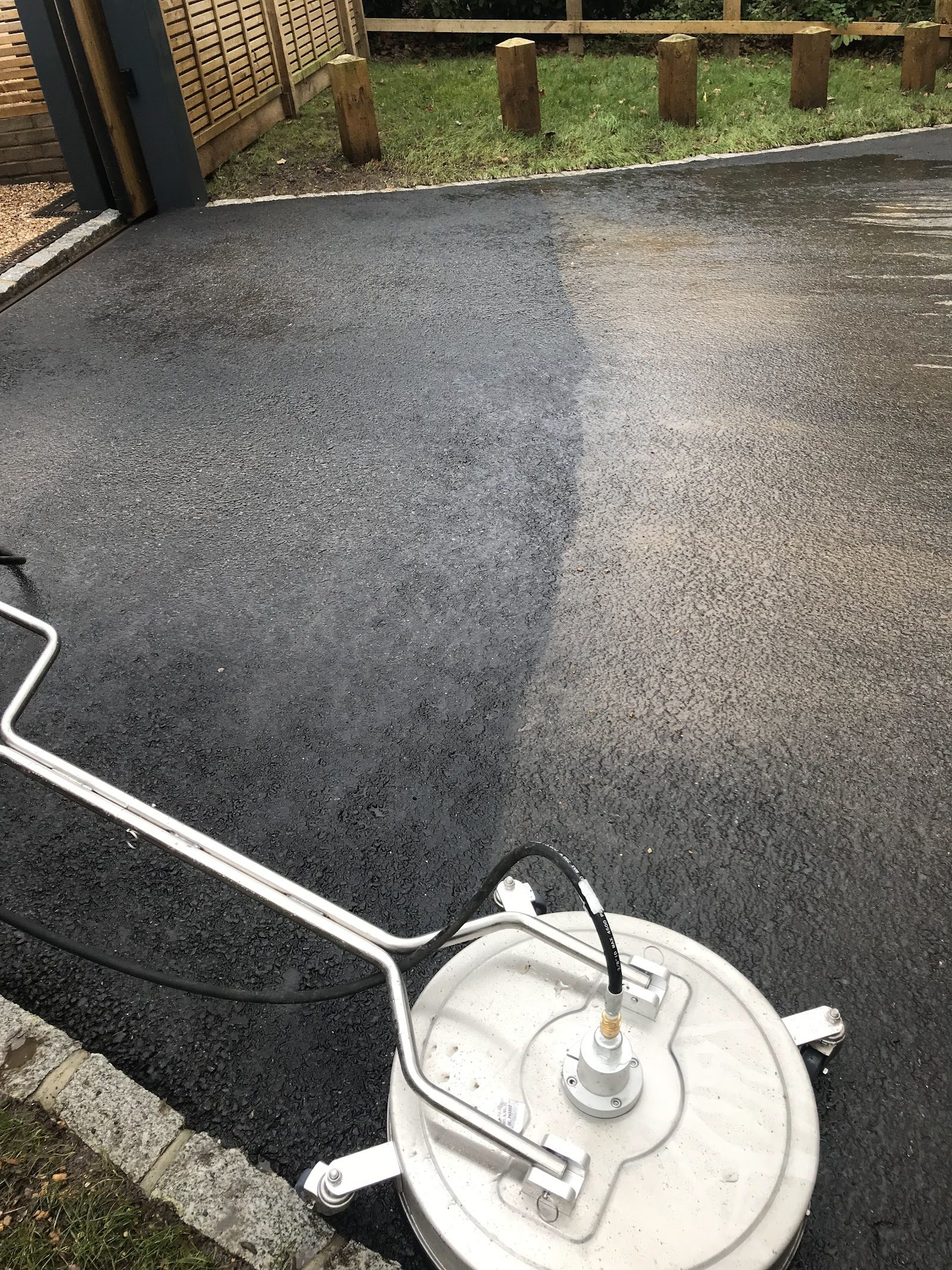 Tarmac driveway, half cleaned